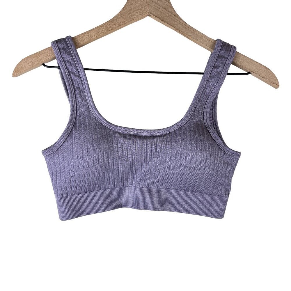 Good American Dusty Purple Shine Ribbed Sports Bra